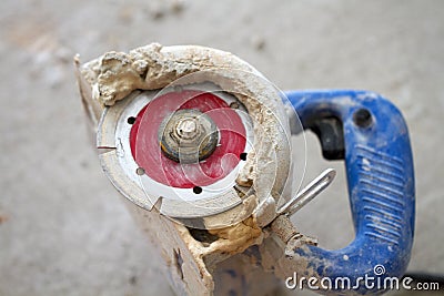 Electrical renovation work, electric saw sin renovation room Stock Photo