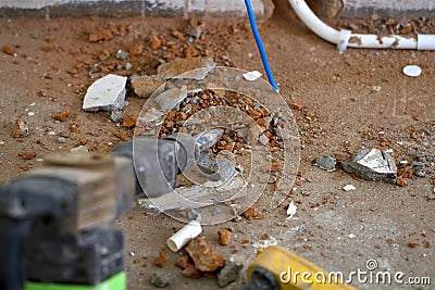 Electrical renovation work, hammer drillsin renovation room Stock Photo