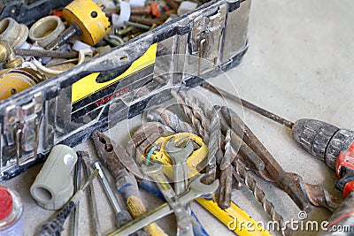 Electrical renovation work, many Hand tools Stock Photo