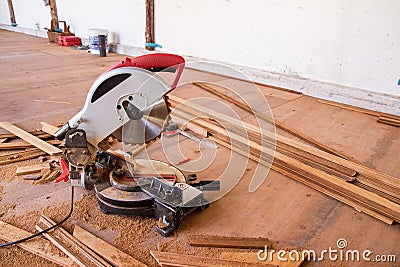 Electrical saw with circular blade for wood Stock Photo