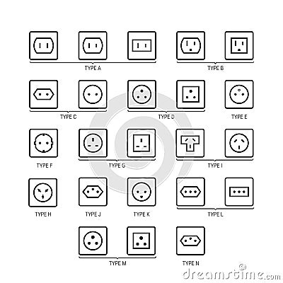 Electrical socket types icons in thin line style Vector Illustration