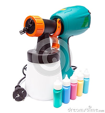 Electrical spray gun for color pulverization and small bottles with color Stock Photo