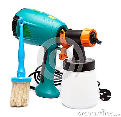 Electrical spray gun for coloration, for color pulverization and a paintbrush Stock Photo
