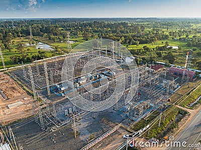 An electrical substation for heavy current with resistors. Transformer substation from above view. Stock Photo