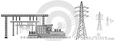 Electrical substation with high voltage lines. Transmission and reduction of electrical energy. Vector Illustration