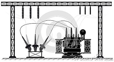 Electrical substation. The high-voltage transformer and switch. Black white illustration. electricity supply. Vector Illustration