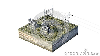 Electrical substation on the island. Background picture, on a white background. 3D rendering. 3D illustration Cartoon Illustration