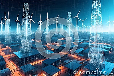 Electrical substation with wind turbines. Generative AI Stock Photo
