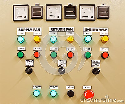 Electrical switch gear and circuit breakers that control heat, heat recovery, air conditioning, light and electrical power supply Stock Photo