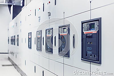 Electrical switchgear, Industrial electrical switch panel. Stock Photo