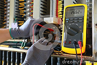 Electrical terminal in junction box and service by technician. Electrical device install in control panel for support program Stock Photo