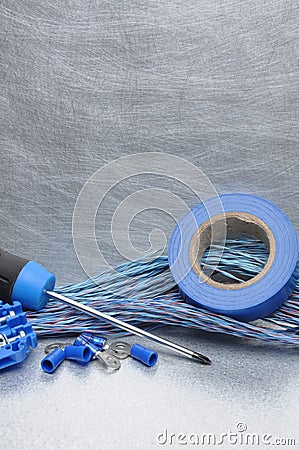 Electrical tools, component and cables on metal surface Stock Photo