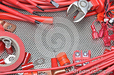 Electrical tools, component and cables on metal surface Stock Photo