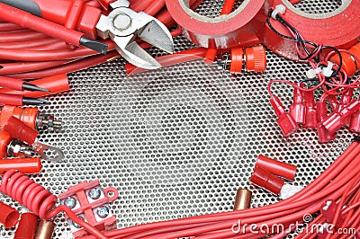 Electrical tools, component and cables on metal surface Stock Photo