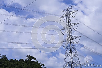 Electrical tower station wiring power with cloudy and blue sky background, High voltage station post Stock Photo