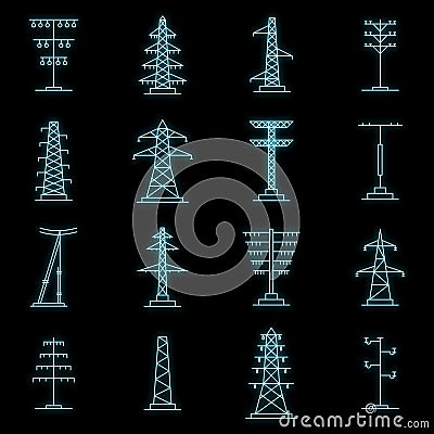 Electrical tower voltage icons set vector neon Vector Illustration