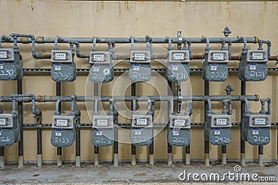 Electrical utility boxes for apartment complex, Ventura,. Electrical, wall Editorial Stock Photo