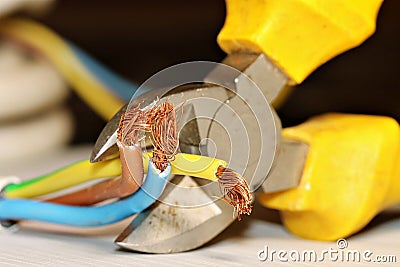 Electrical wires in the process of being cut with a side cutter. Stock Photo