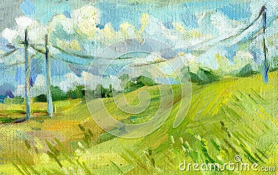 Electrical wires in the summer field oil on canvas illustration Cartoon Illustration