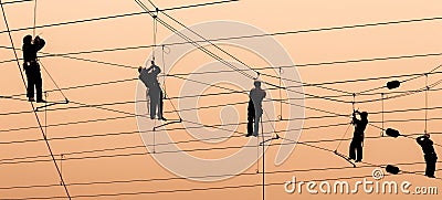 Electrical workers on electrified train lines Stock Photo