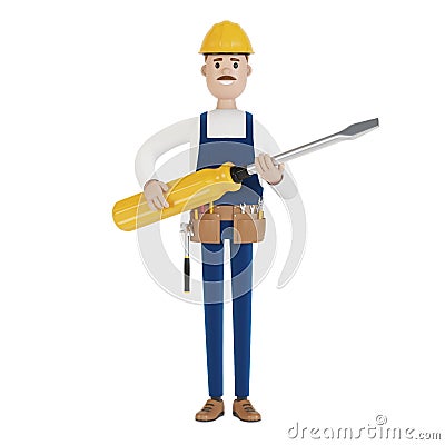 Electrician builder with a large screwdriver in his hands. Cartoon Illustration