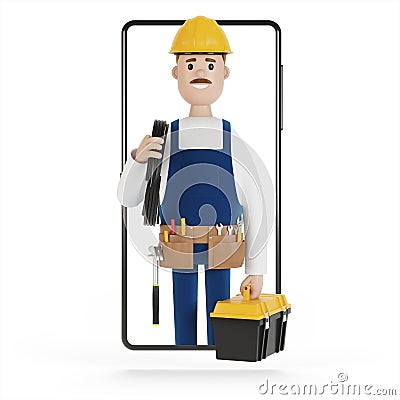 Electrician builder at the smartphone screen. Husband for an hour. Electrician, plumber, carpenter, calling the foreman to work. Cartoon Illustration