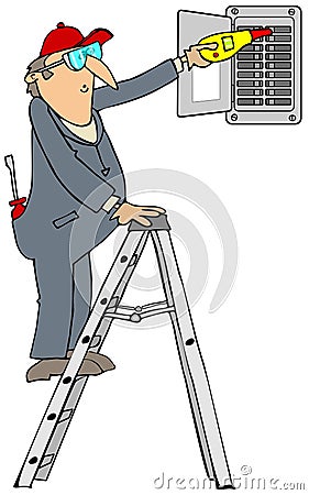 Electrician checking breakers Cartoon Illustration