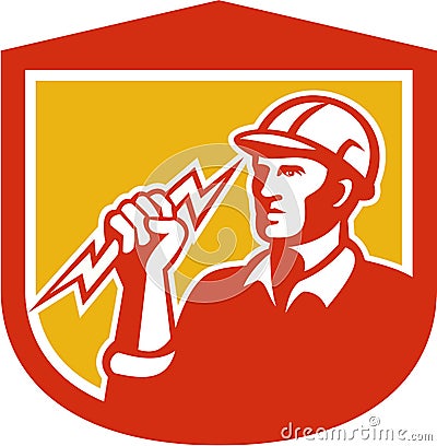 Electrician Clutching Lightning Bolt Shield Vector Illustration