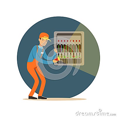 Electrician engineer repairing equipment in fuse box with flashlight, electric man performing electrical works vector Vector Illustration