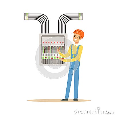 Electrician engineer screwing equipment in fuse box, electric man performing electrical works vector Illustration Vector Illustration
