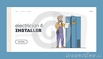 Electrician Examine Working Draft at Dashboard Landing Page Template. Worker Character Work with Electric Meter Tester Vector Illustration