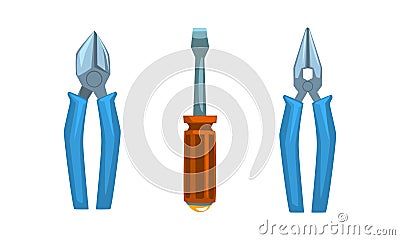 Electrician Hand Tool and Equipment with Pliers and Screwdriver Vector Set Vector Illustration