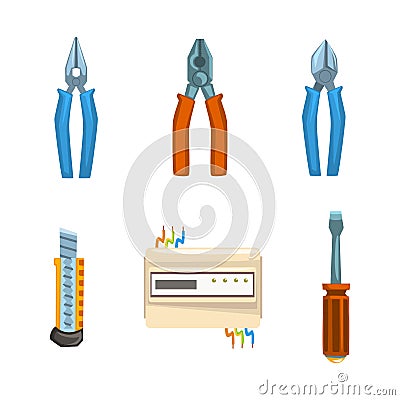 Electrician Hand Tool and Equipment with Pliers and Screwdriver Vector Set. Vector Illustration
