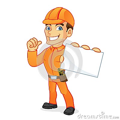 Electrician holding business card Stock Photo