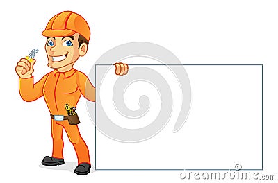 Electrician holding pliers and blank sign Stock Photo