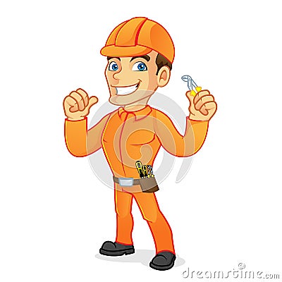 Electrician holding pliers and giving thumb up Stock Photo