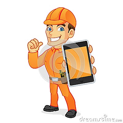 Electrician holding smart phone Stock Photo