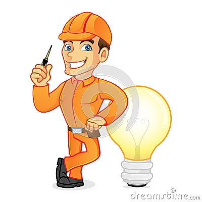 Electrician leaning on light bulb Stock Photo