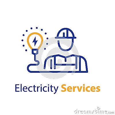 Electrician and light bulb, electricity services, professional occupation Vector Illustration