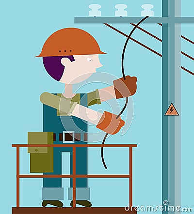 Electrician making repairs at a power pole Vector Illustration