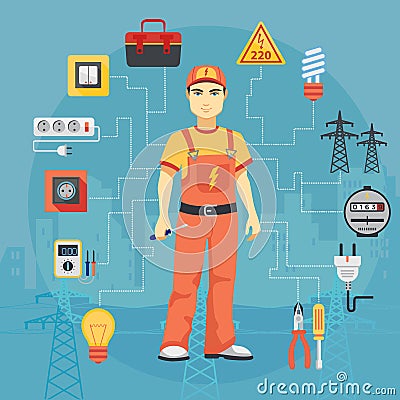 Electrician man concept with professional instruments tools Vector Illustration