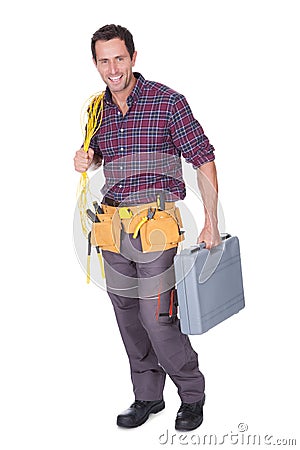 Electrician Man Holding Cable And Toolbox Stock Photo