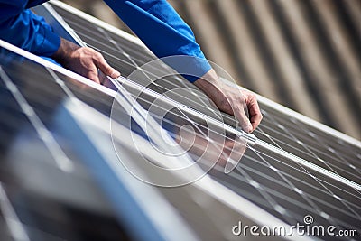 Electrician mounting solar panel on roof of modern house Stock Photo