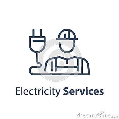 Electrician and plug, electricity services, professional occupation Vector Illustration