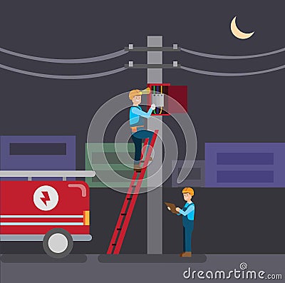 Electrician reparing electrical panel, city blackout in night Vector Illustration