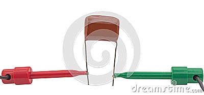 Electrician`s probes testing capacitor Stock Photo