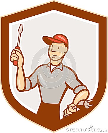 Electrician Screwdriver Plug Shield Cartoon Vector Illustration