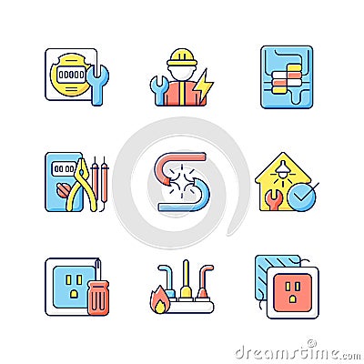 Electrician service RGB color icons set Vector Illustration