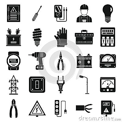 Electrician service worker icons set, simple style Vector Illustration
