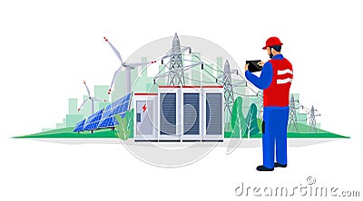 Electrician technician engineer diagnostics electricity power supply grid transmission Vector Illustration